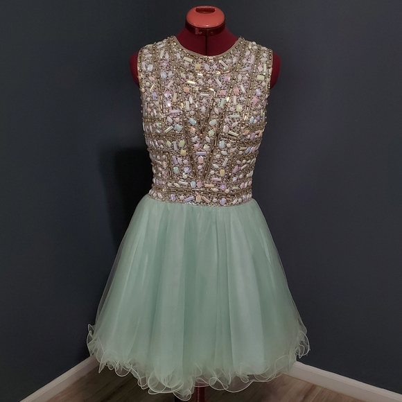 Savannah Nights Beaded Cocktail Dress Mint Blue Wired Skirt - Picture 1 of 14